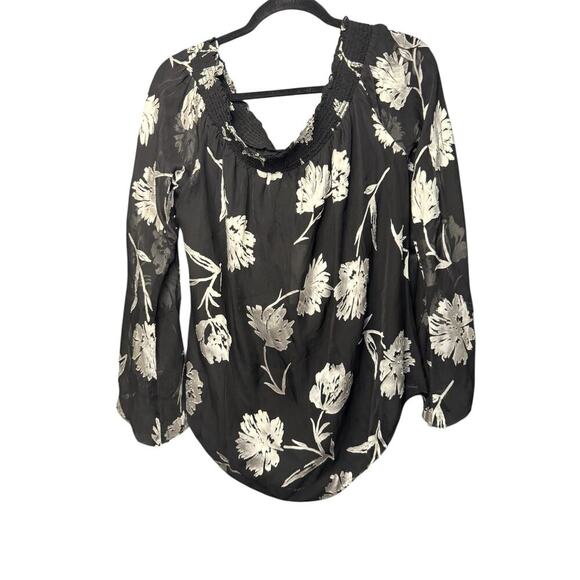 White House Black Market Silk Floral Blouse NWT XL Black Silver Off Shoulder Top - Picture 2 of 3